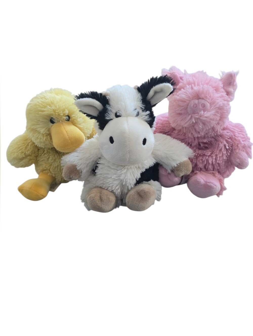 3 Junior Warmies: Baby Duck, Pink Piggy, and Black and White Cow.